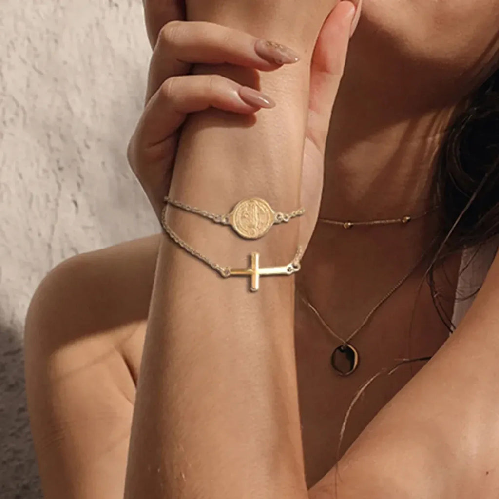 Dainty Stainless Steel Medallion & Cross Charm Bracelet