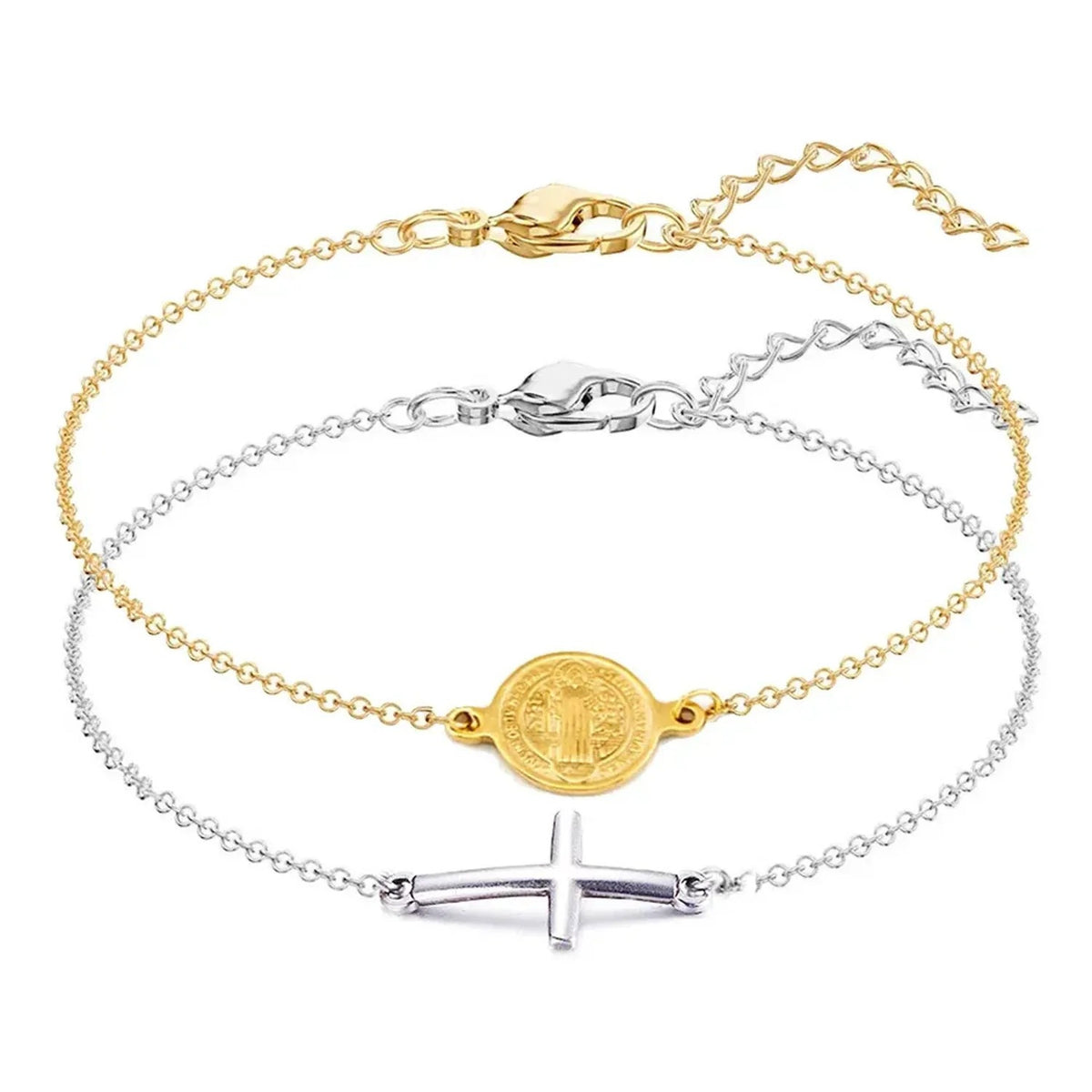 Dainty Stainless Steel Medallion & Cross Charm Bracelet