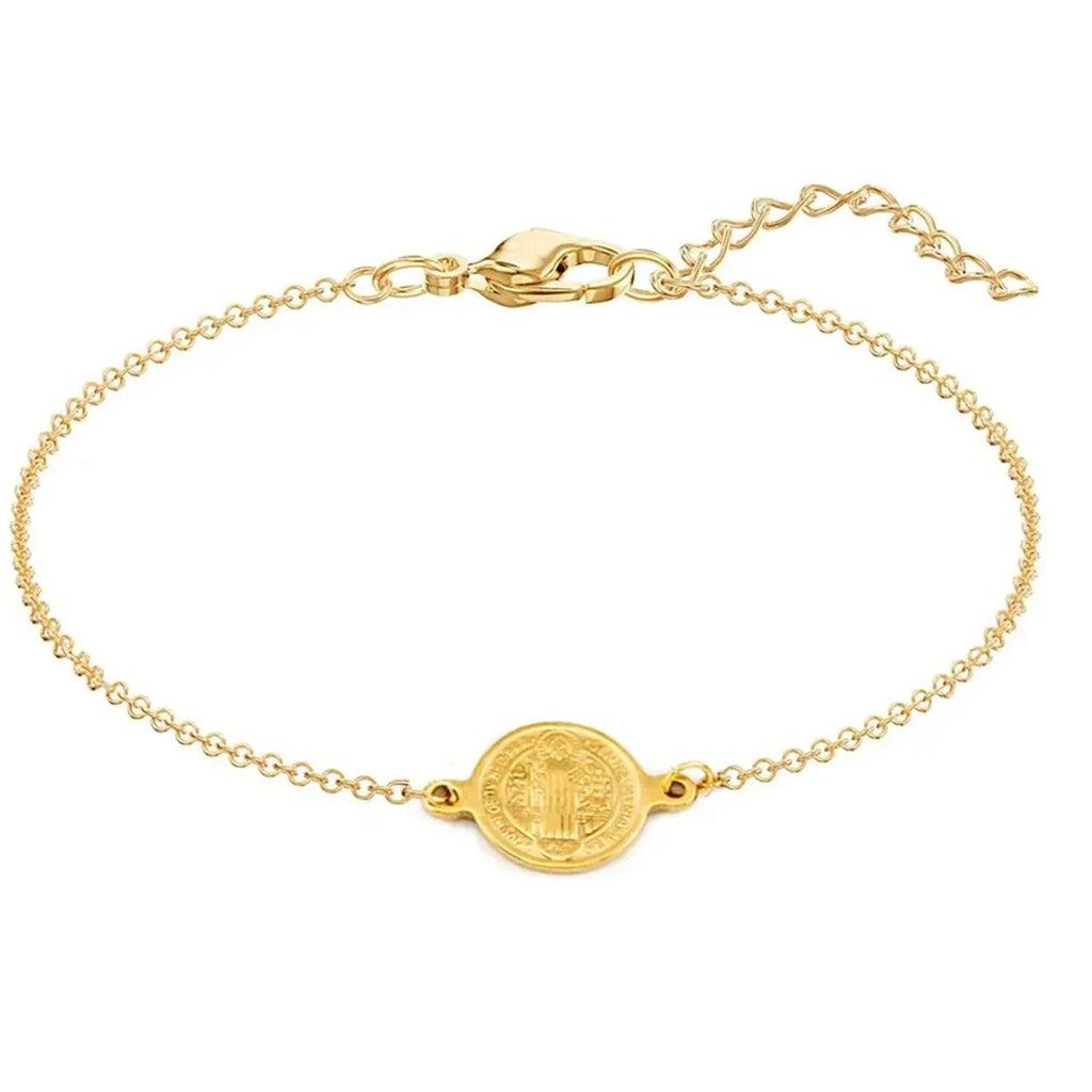 Dainty Stainless Steel Medallion & Cross Charm Bracelet