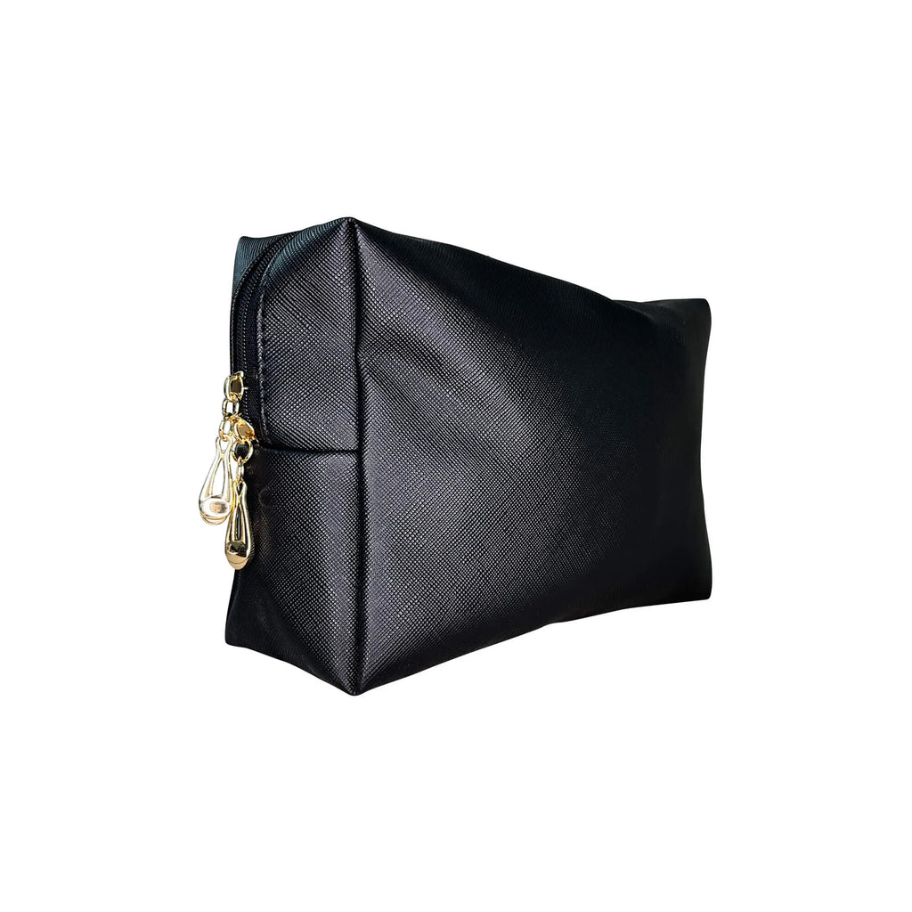 Linda's Look Everywhere Makeup Bag, collapsible waterproof black cosmetic bag, front view on white background