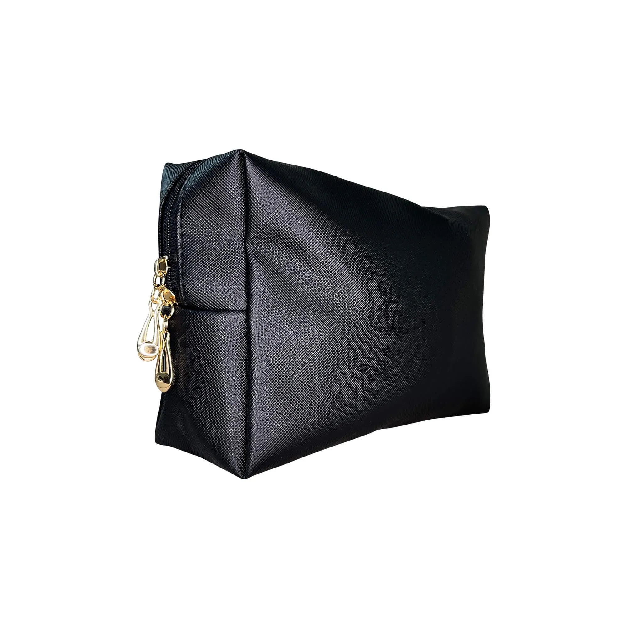 Linda's Look Everywhere Makeup Bag, collapsible waterproof black cosmetic bag, front view on white background