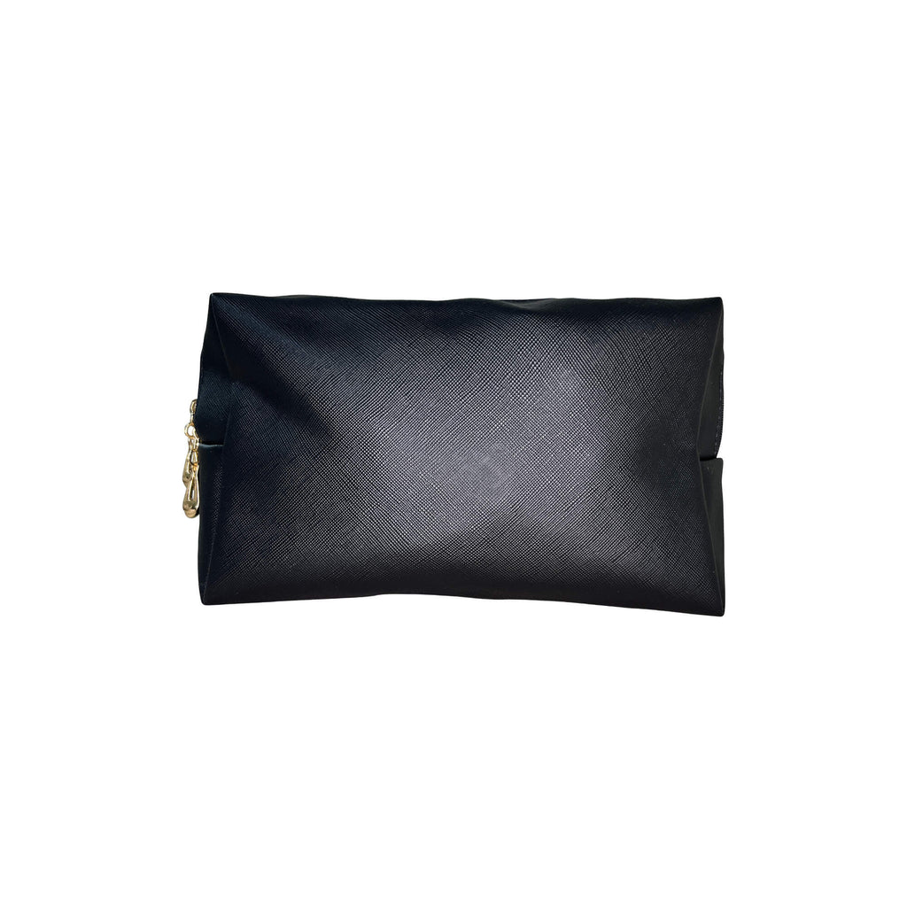 Linda's Look Everywhere Makeup Bag, makeup bag shown with the zip closure and soft black finish