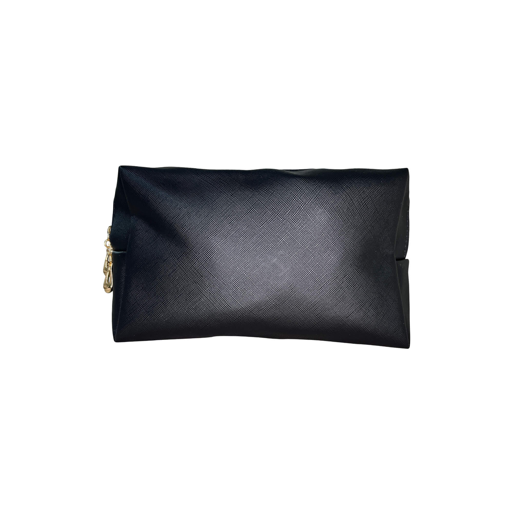 Linda's Look Everywhere Makeup Bag, makeup bag shown with the zip closure and soft black finish
