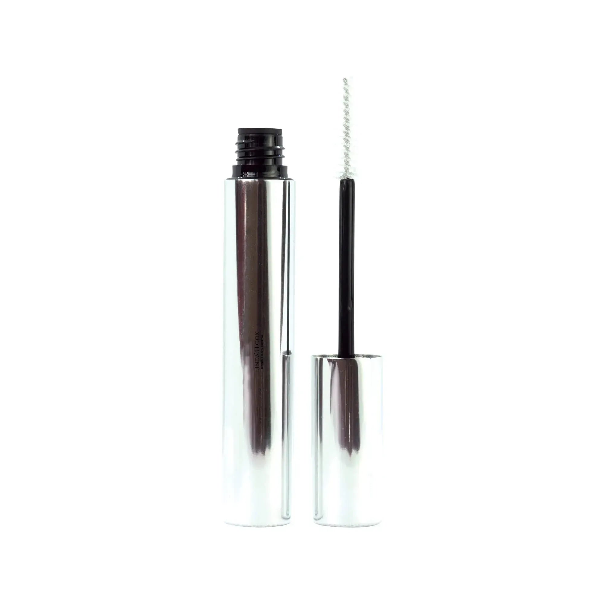 Linda's Look Eyebrow Gel in Clear, clear brow setting gel tube with spoolie, front view on white background