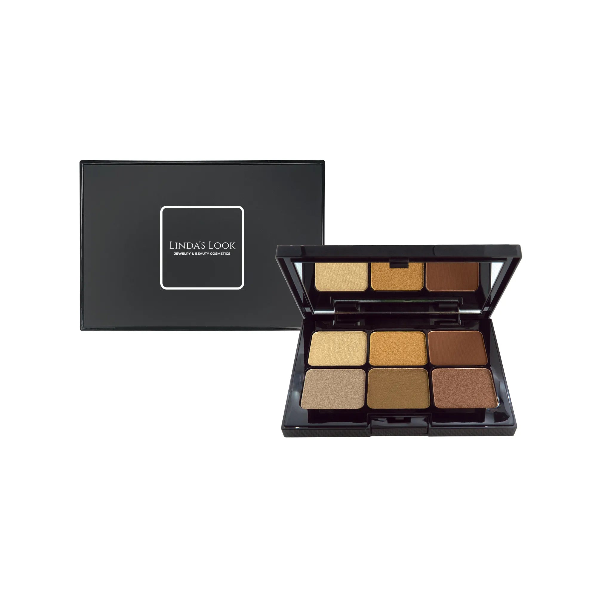 Linda's Look Eyeshadow Palette in Caramel Kiss, six-shade matte and shimmer eyeshadow palette closed, front view on white background