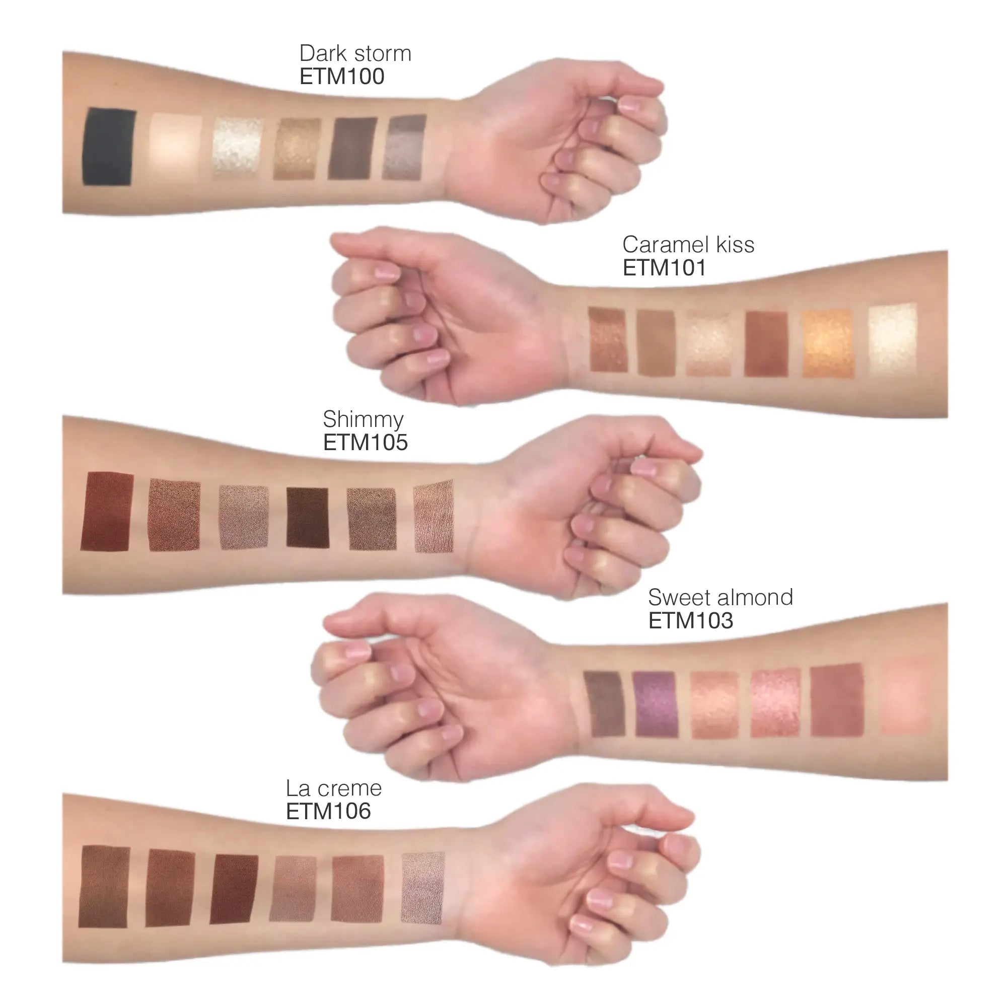 Linda's Look Eyeshadow Palette in Shimmy, arm swatches of the six eyeshadow shades on skin