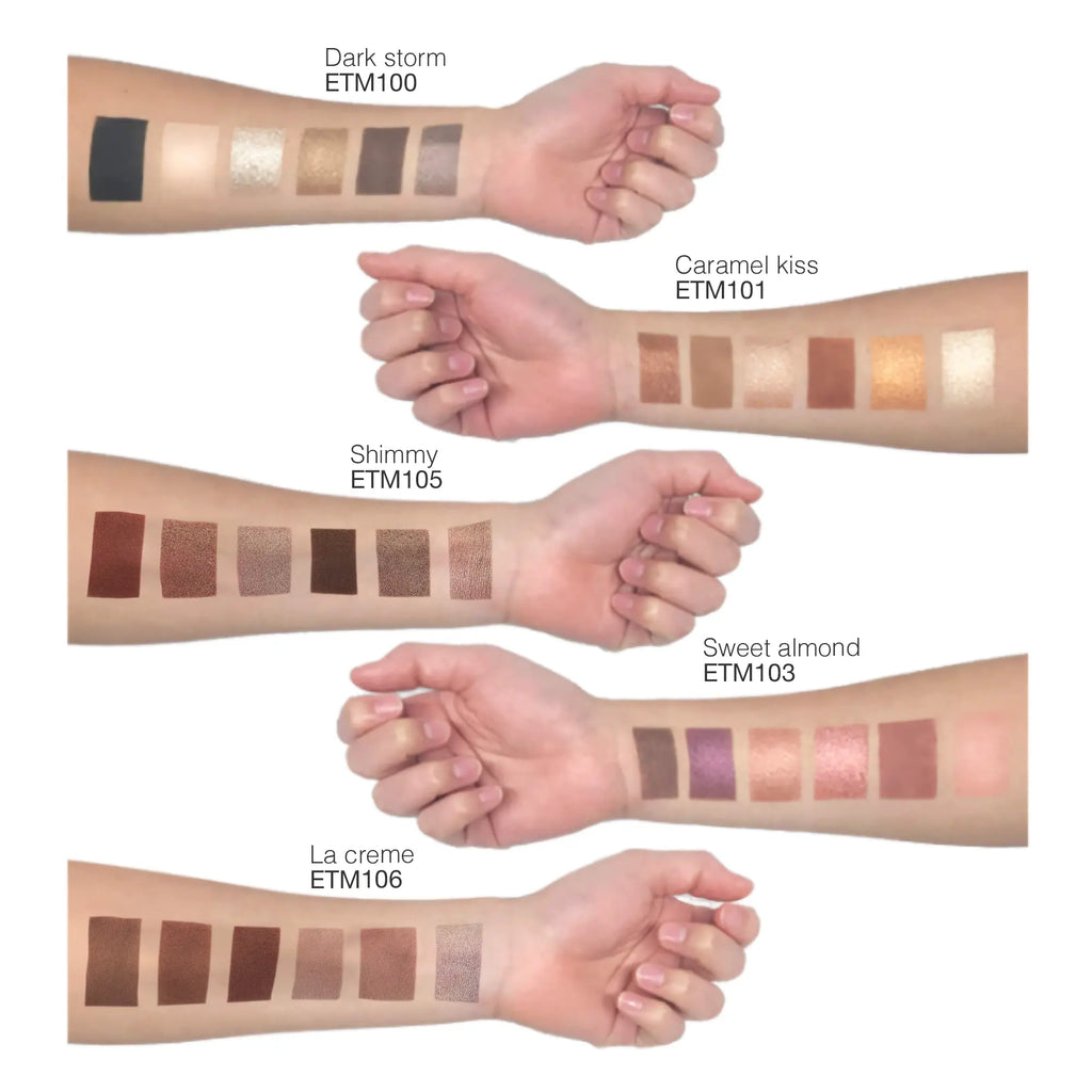 Linda's Look Eyeshadow Palette in Sweet Almond, arm swatches of the six eyeshadow shades on skin