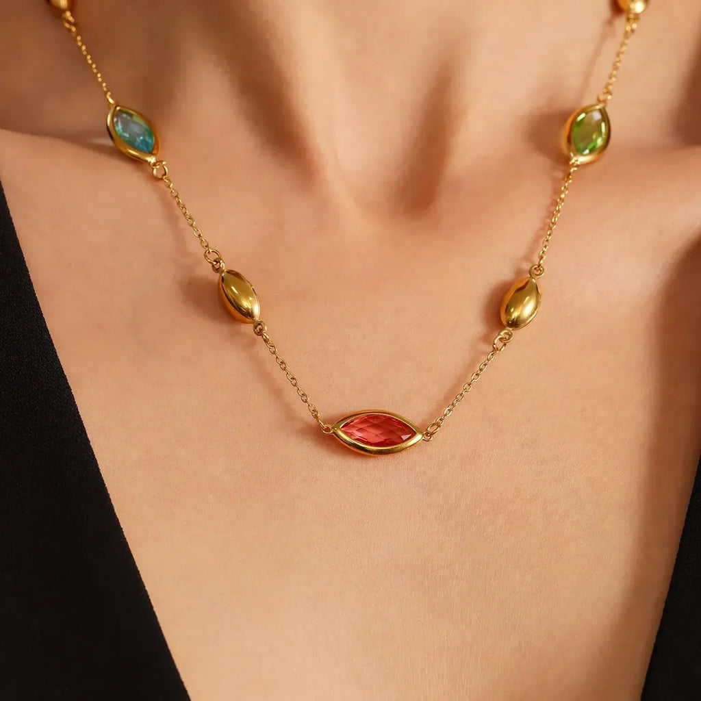Faceted Glass Stone Collarbone Gold Necklace for Women, Tarnish-Free Stainless Steel