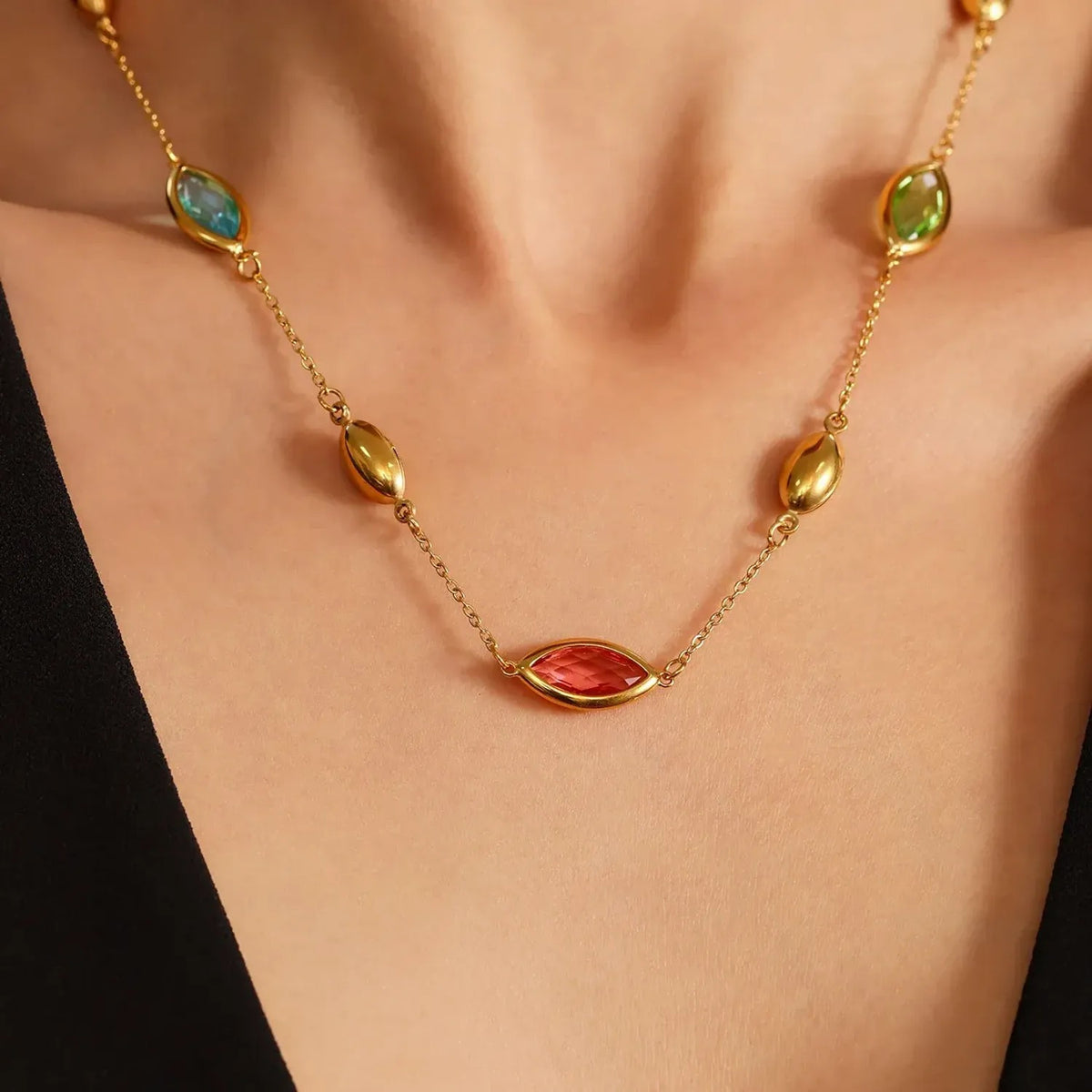 Faceted Glass Stone Collarbone Gold Necklace for Women, Tarnish-Free Stainless Steel