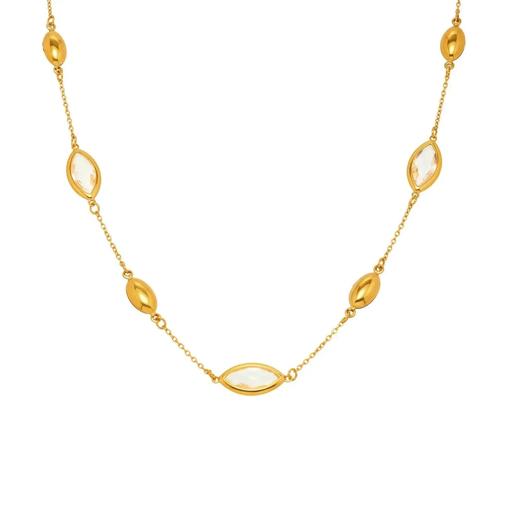 Faceted Glass Stone Collarbone Gold Necklace for Women, Tarnish-Free Stainless Steel