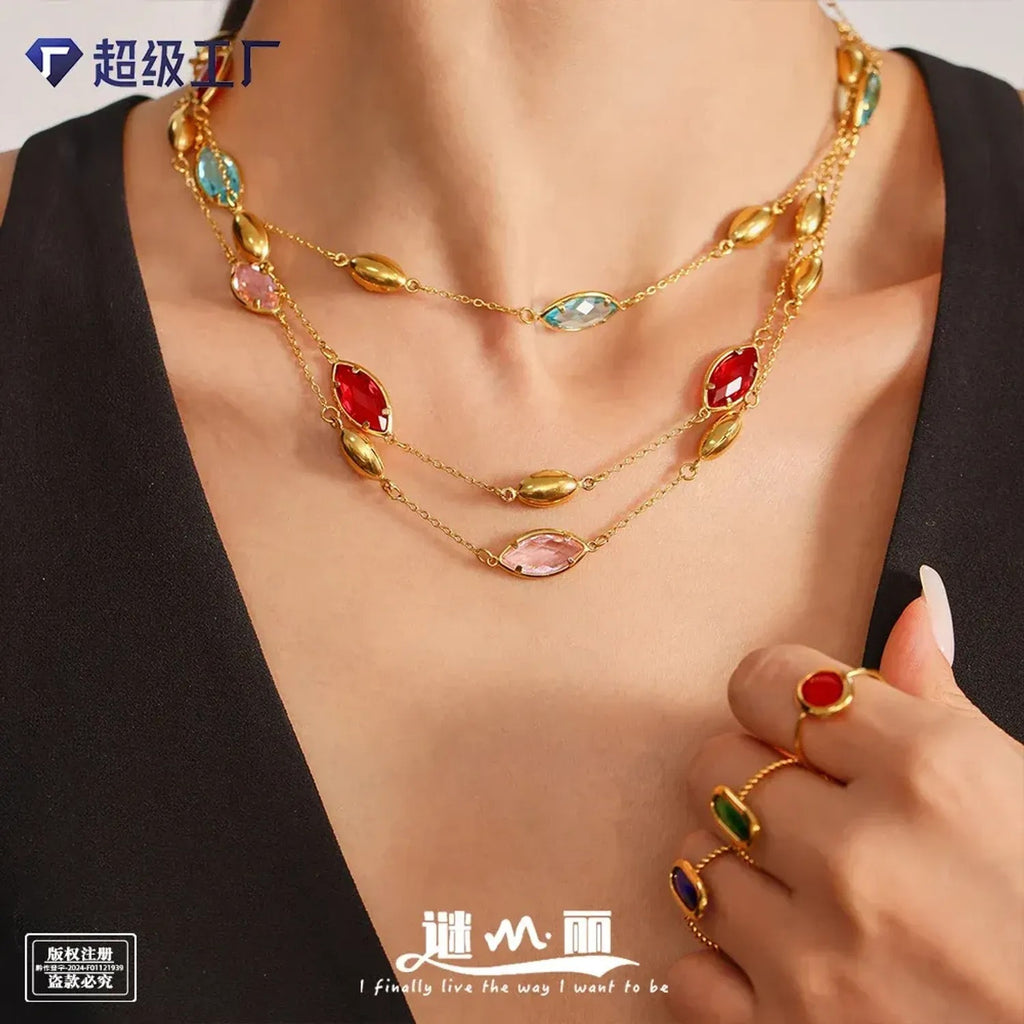 Faceted Glass Stone Collarbone Gold Necklace for Women, Tarnish-Free Stainless Steel
