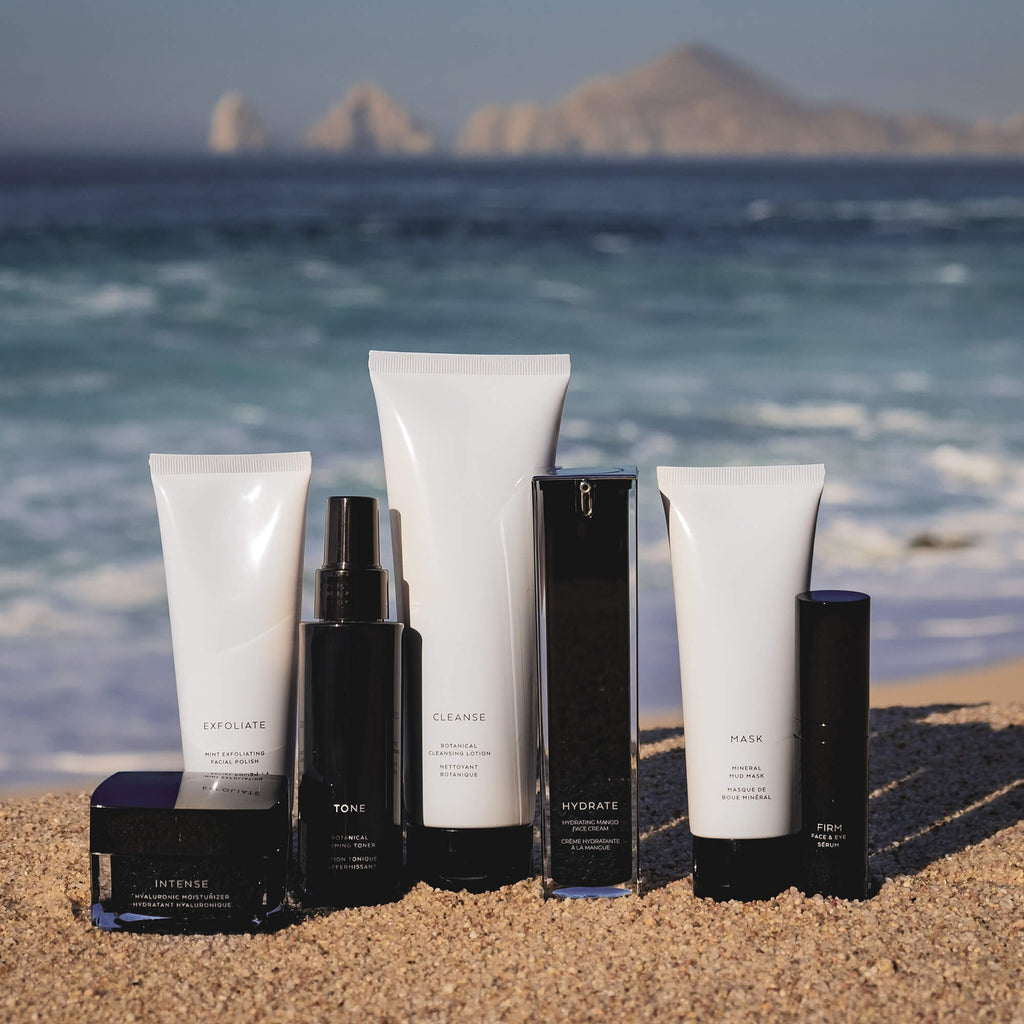 Linda's Look Firm Serum, lifestyle shot of the skincare collection with the firming serum and moisturizers