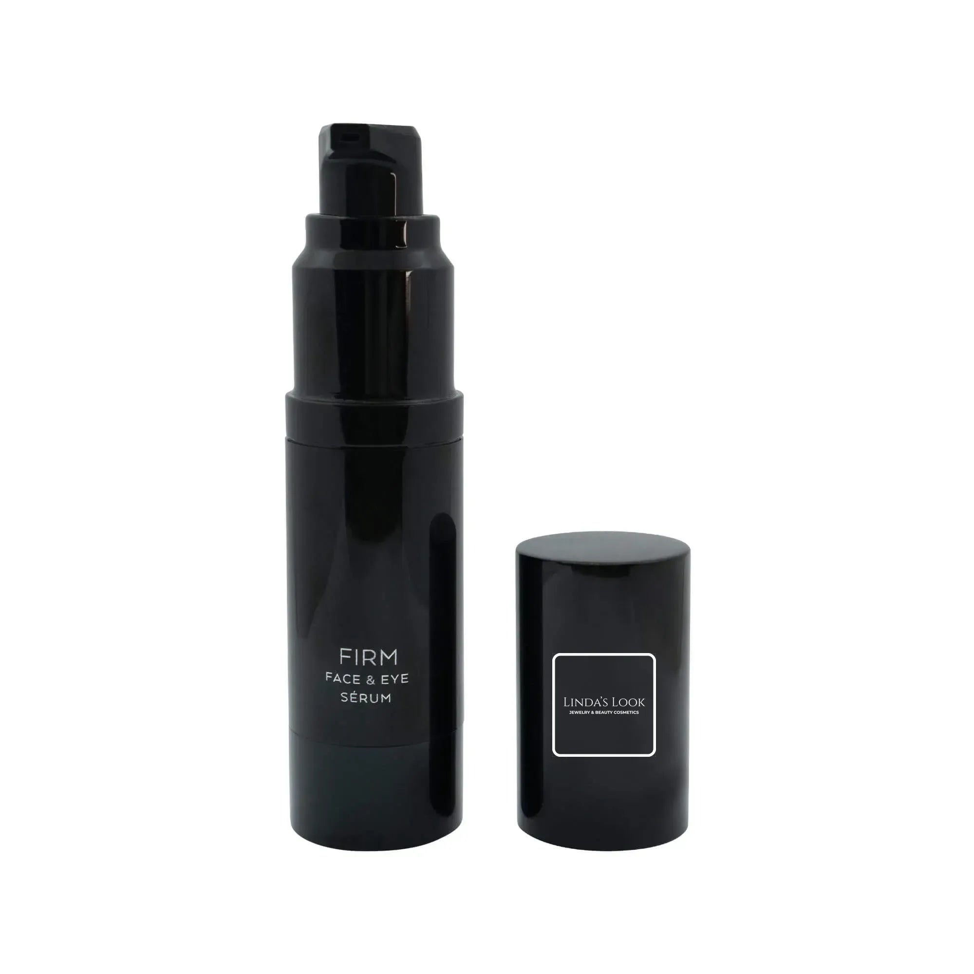 Linda's Look Firm Serum, peptide and cucumber extract firming face serum bottle, front view on white background