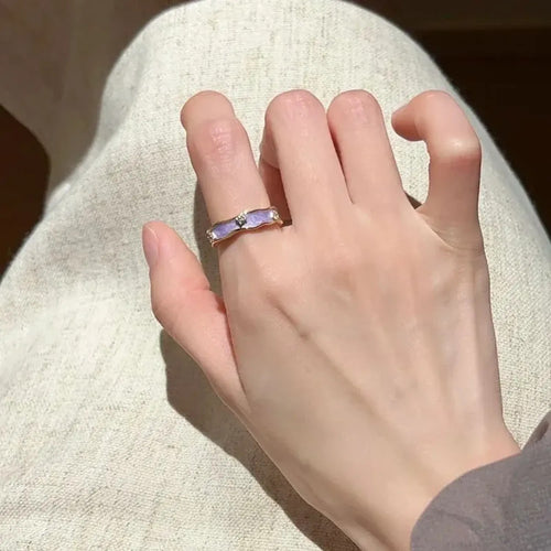 Linda's Look French Iris Enamel Open Ring - Violet Enamel and Zircon, Adjustable