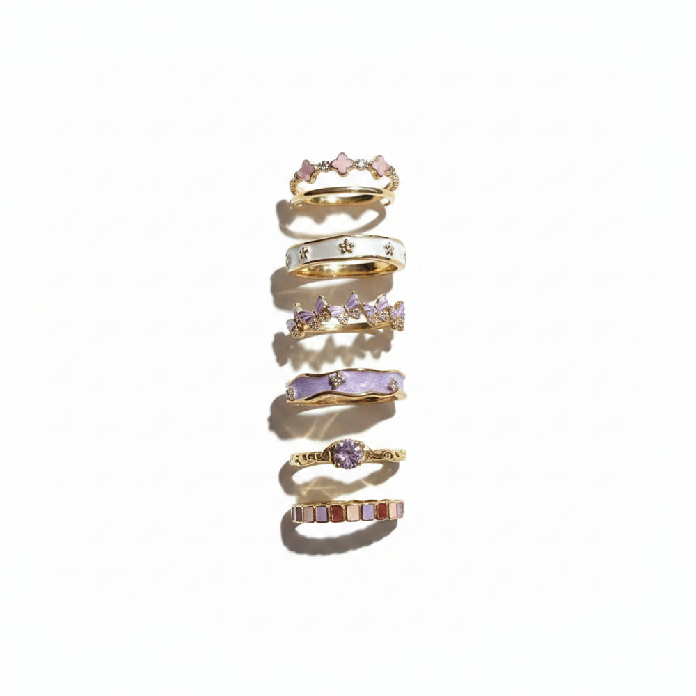 Linda's Look French Iris Enamel Open Ring - Violet Enamel and Zircon, Adjustable