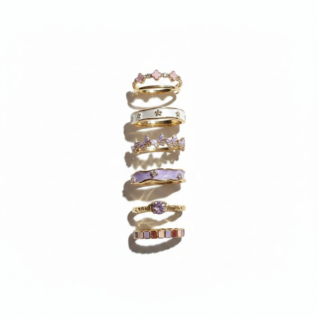 Linda's Look French Iris Enamel Open Ring - Violet Enamel and Zircon, Adjustable