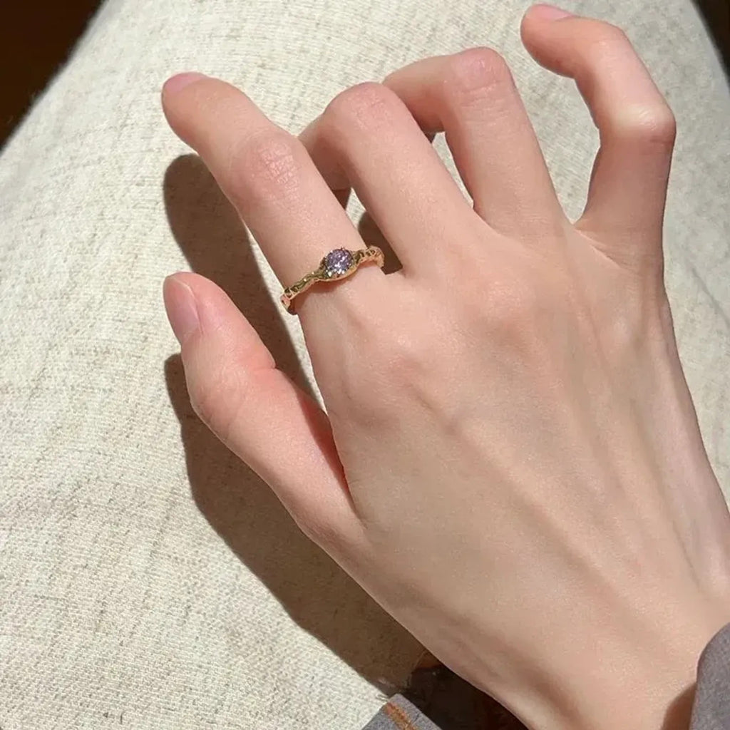 Linda's Look French Iris Enamel Open Ring - Violet Enamel and Zircon, Adjustable