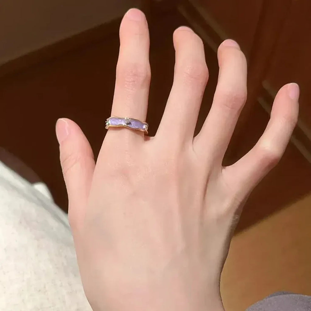 Linda's Look French Iris Enamel Open Ring - Violet Enamel and Zircon, Adjustable