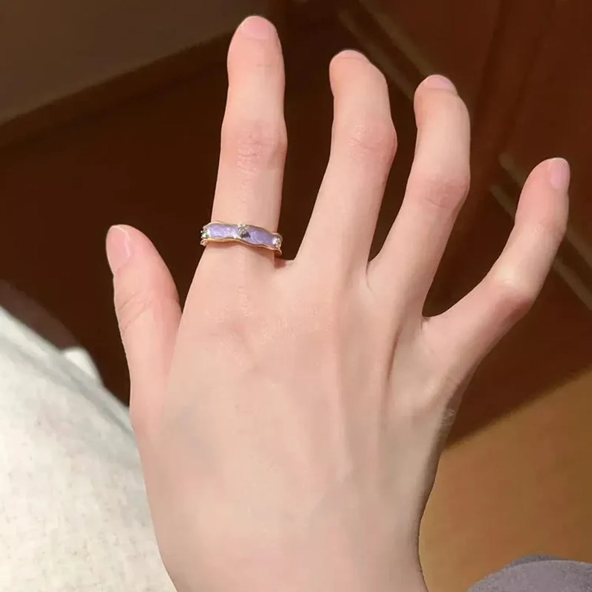 Linda's Look French Iris Enamel Open Ring - Violet Enamel and Zircon, Adjustable