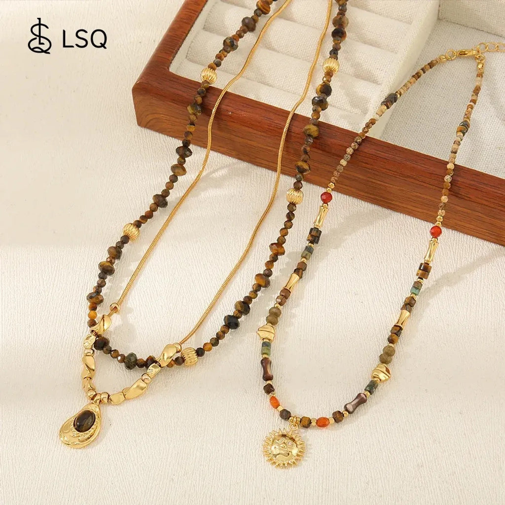 Linda's Look Golden Hour Tiger's Eye Set - Hand-Strung Beaded Necklace & Sun Pendant