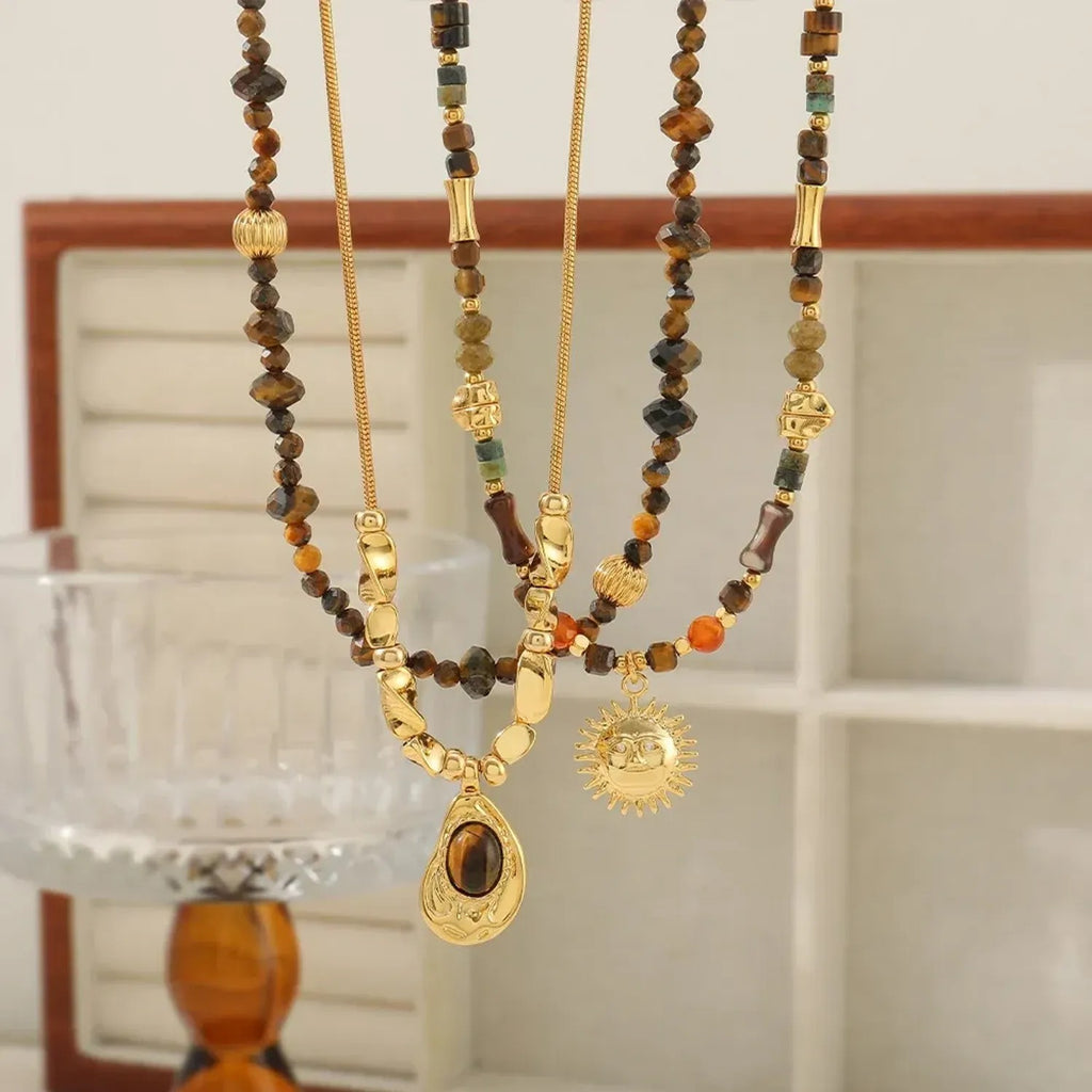 Linda's Look Golden Hour Tiger's Eye Set - Hand-Strung Beaded Necklace & Sun Pendant