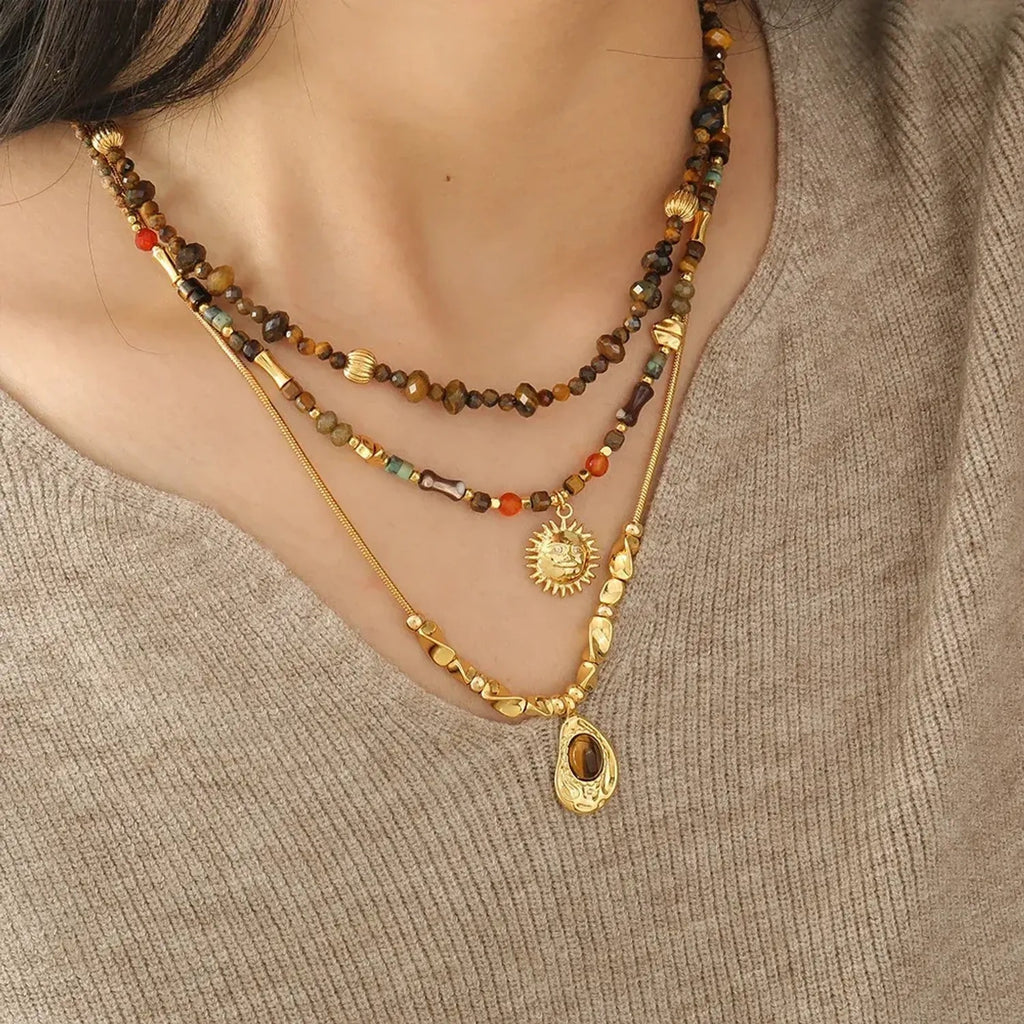 Linda's Look Golden Hour Tiger's Eye Set - Hand-Strung Beaded Necklace & Sun Pendant