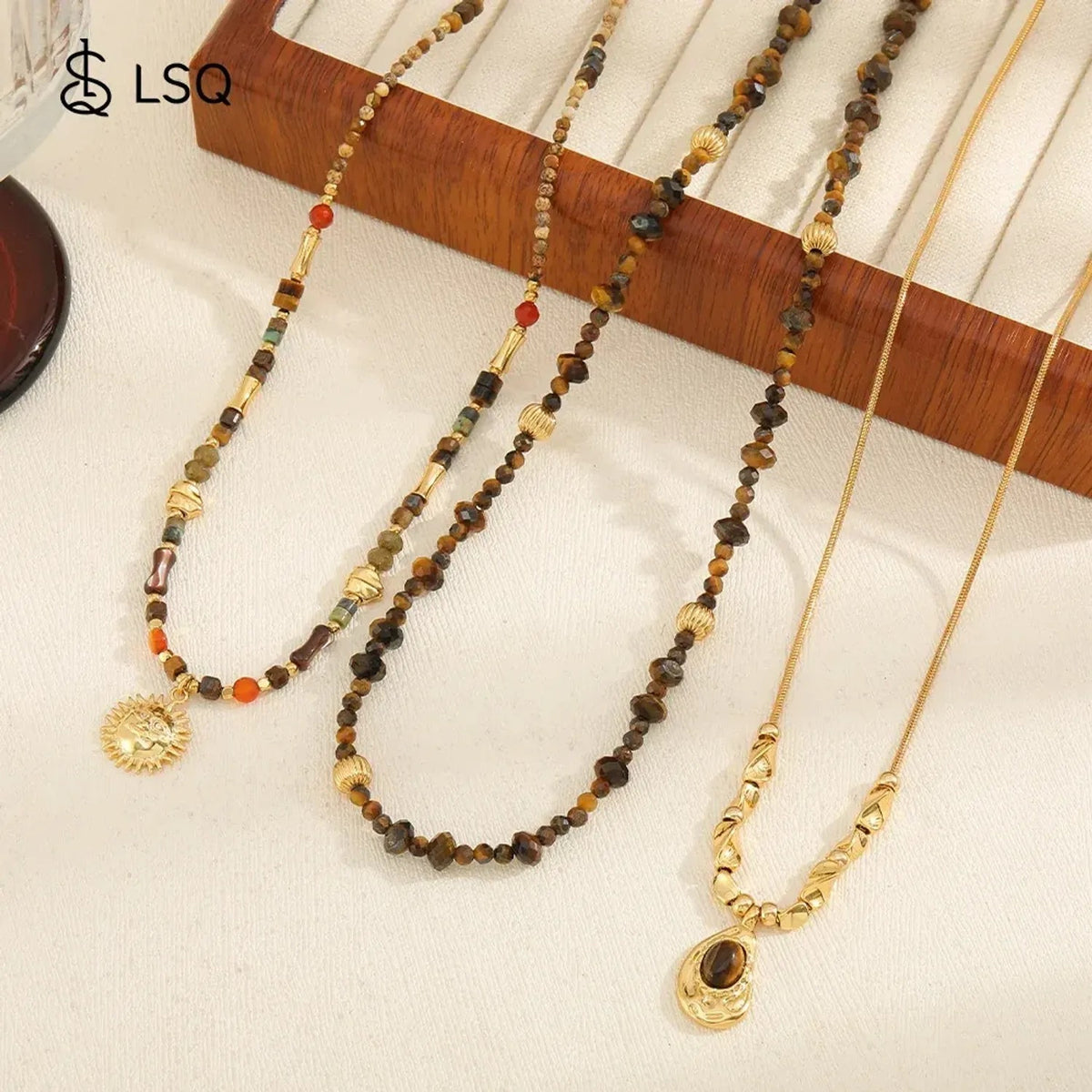 Linda's Look Golden Hour Tiger's Eye Set - Hand-Strung Beaded Necklace & Sun Pendant