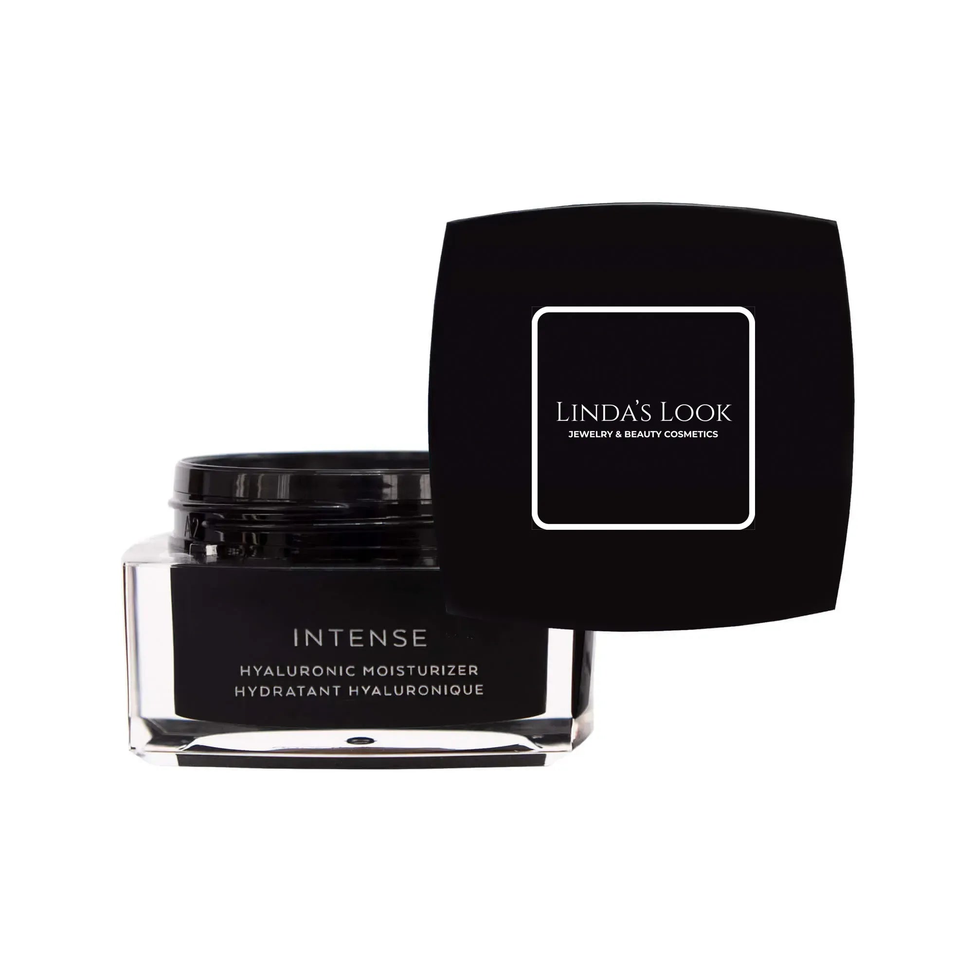 Linda's Look Hyaluronic Moisturizer, hydrating hyaluronic acid face cream jar, front view on white background