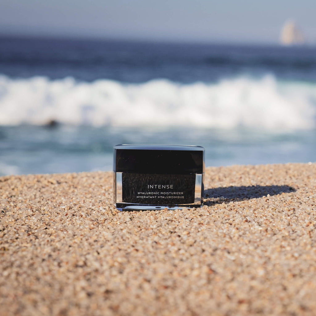 Linda's Look Hyaluronic Moisturizer, lifestyle shot of the face cream jar on a neutral surface