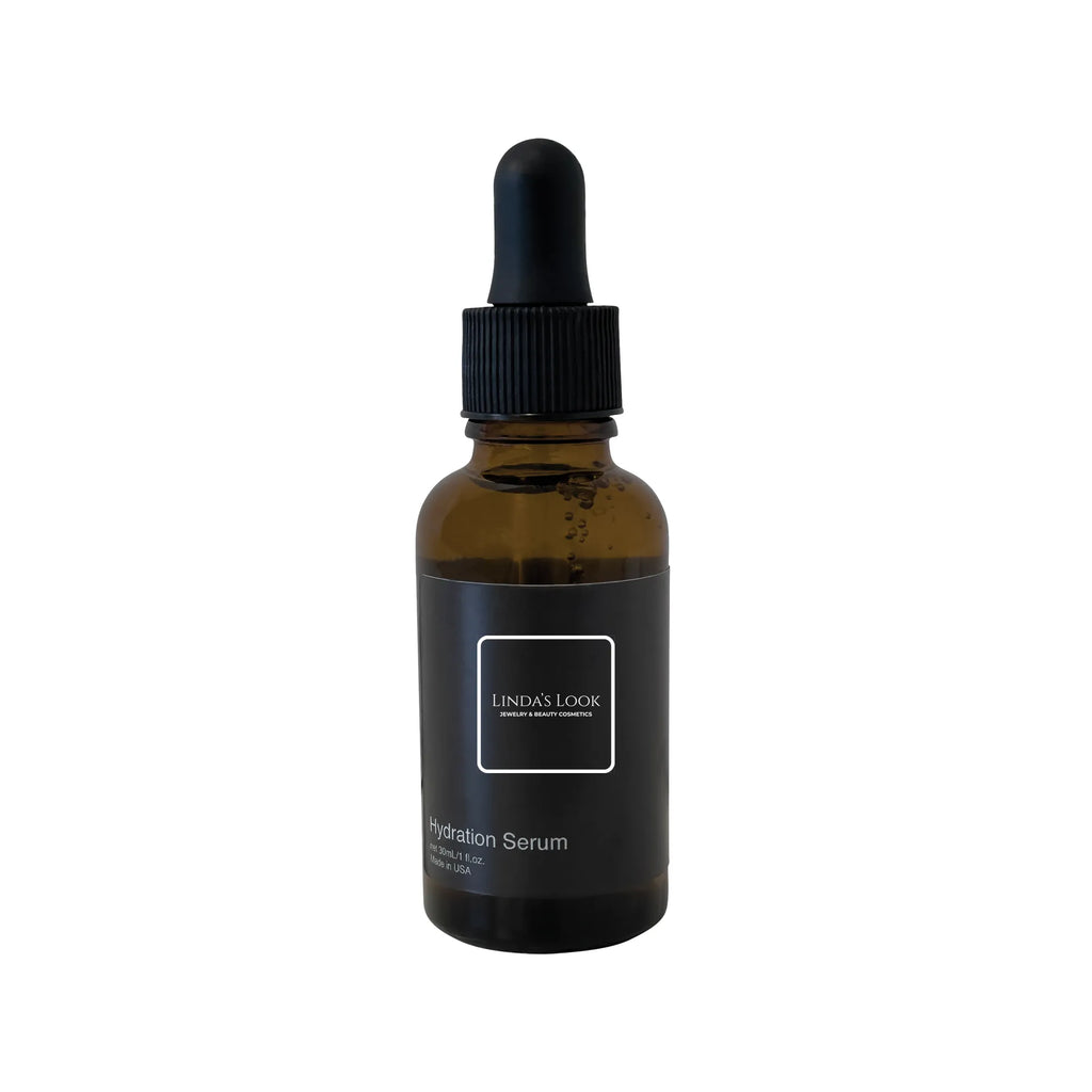 Linda's Look Hydration Serum, lightweight glycerin face serum bottle, front view on white background
