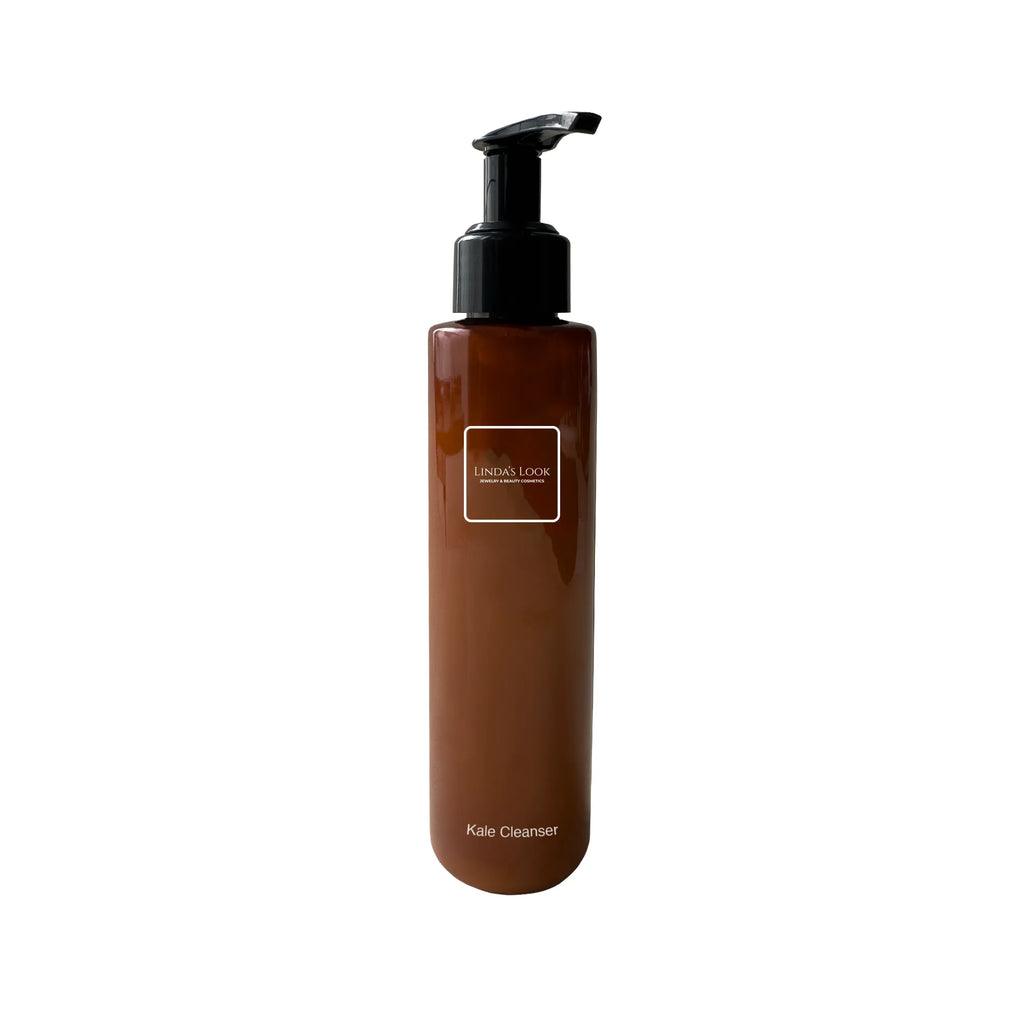 Linda's Look Kale Face Cleanser, kale aloe and green tea gentle daily face wash bottle, front view on white background