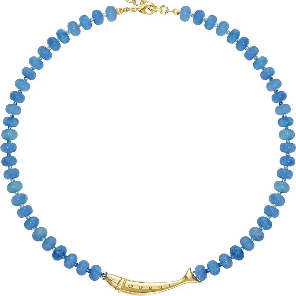 Linda's Look Koi Charm Beaded Necklace - Pale Blue Natural Stone with Gold Tone Pendant