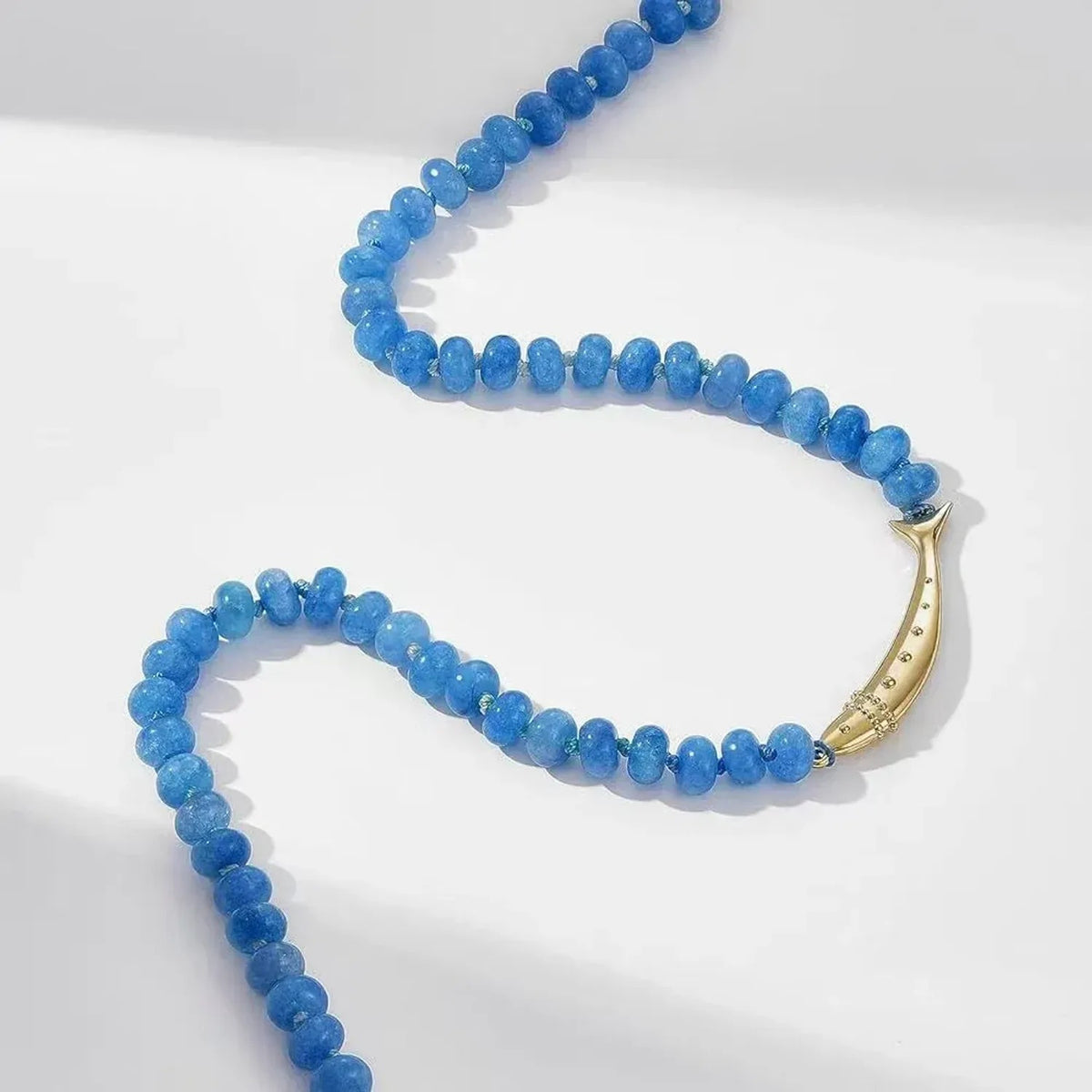 Linda's Look Koi Charm Beaded Necklace - Pale Blue Natural Stone with Gold Tone Pendant