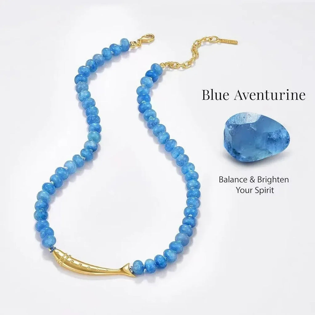 Linda's Look Koi Charm Beaded Necklace - Pale Blue Natural Stone with Gold Tone Pendant