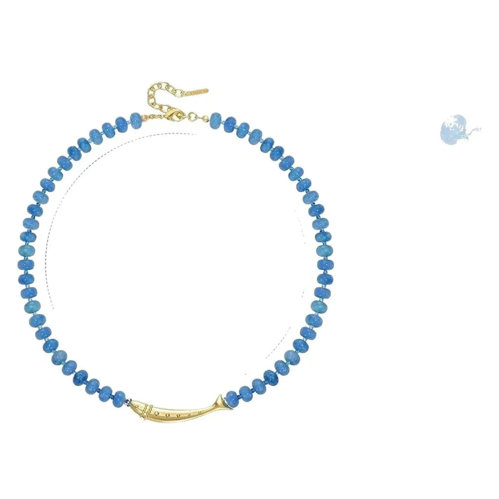 Linda's Look Koi Charm Beaded Necklace - Pale Blue Natural Stone with Gold Tone Pendant