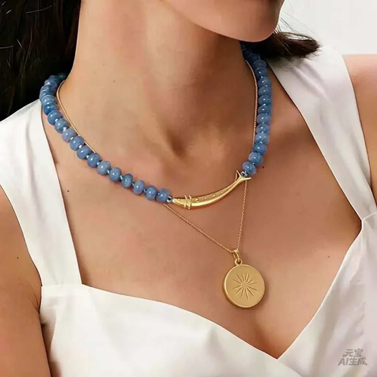 Linda's Look Koi Charm Beaded Necklace - Pale Blue Natural Stone with Gold Tone Pendant