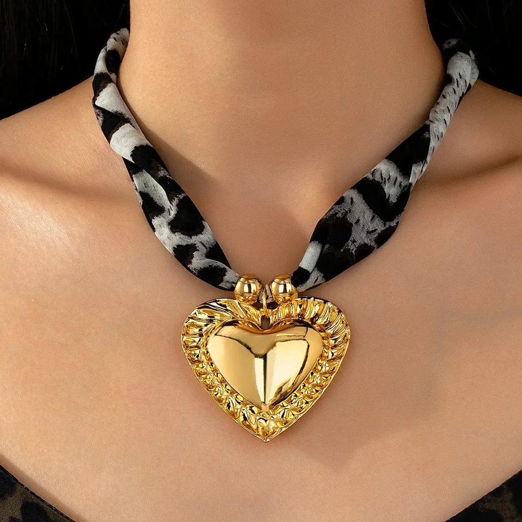 Linda's Look Leopard Satin Ribbon Heart Necklace - Adjustable Tie Choker