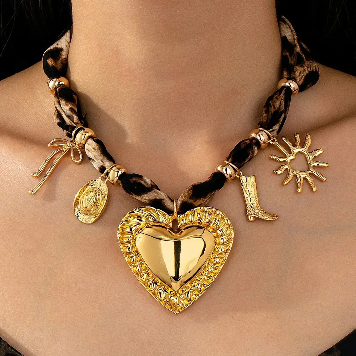 Linda's Look Leopard Satin Ribbon Heart Necklace - Adjustable Tie Choker