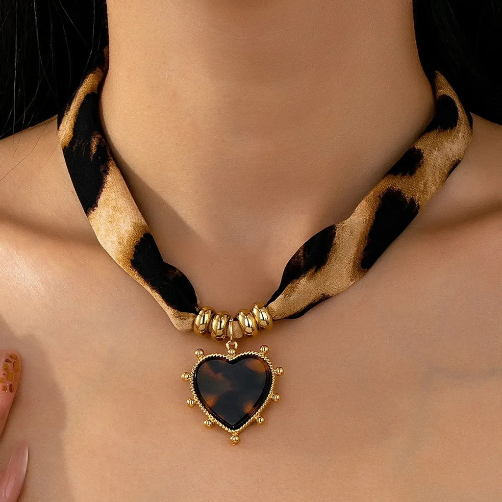 Linda's Look Leopard Satin Ribbon Heart Necklace - Adjustable Tie Choker