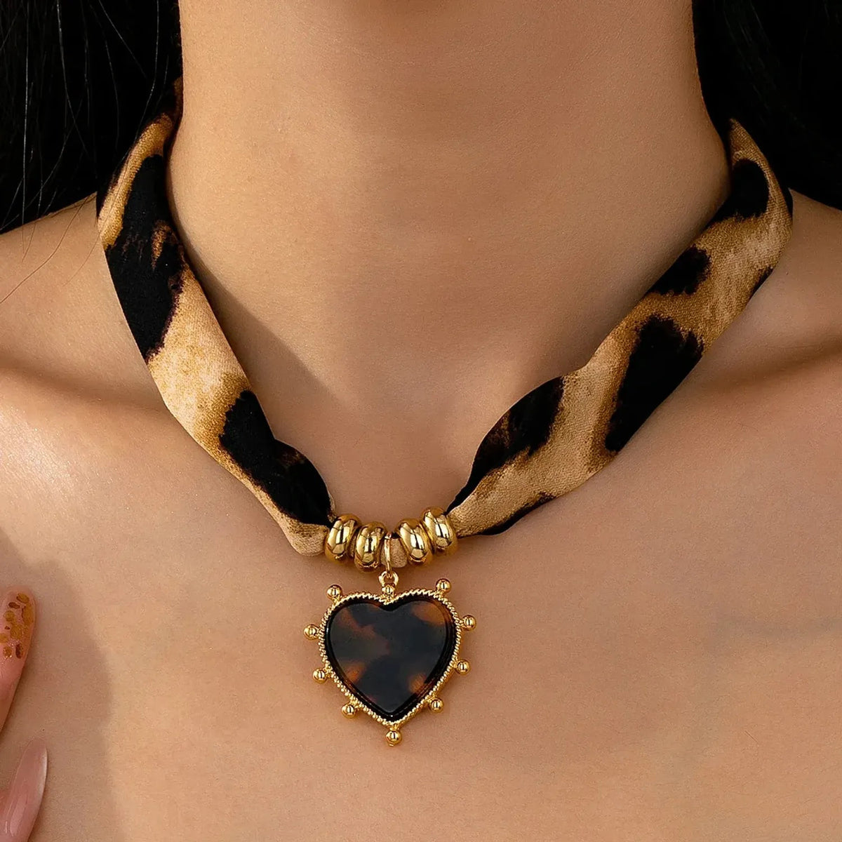 Linda's Look Leopard Satin Ribbon Heart Necklace - Adjustable Tie Choker