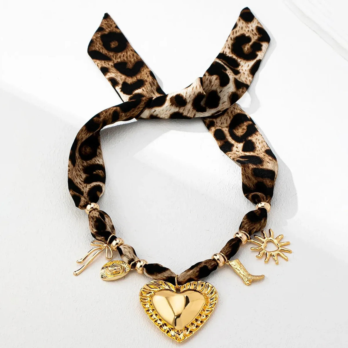 Linda's Look Leopard Satin Ribbon Heart Necklace - Adjustable Tie Choker