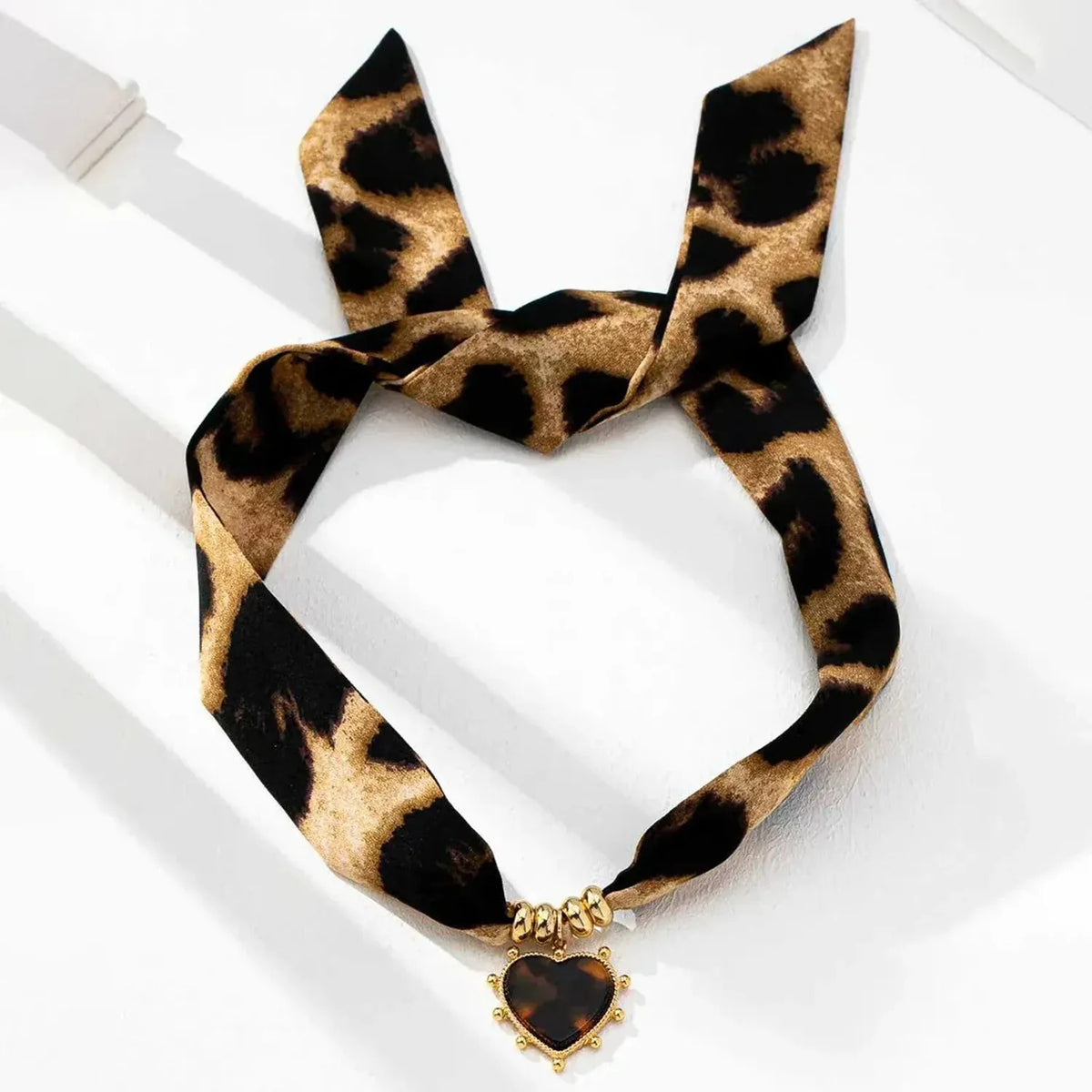 Linda's Look Leopard Satin Ribbon Heart Necklace - Adjustable Tie Choker