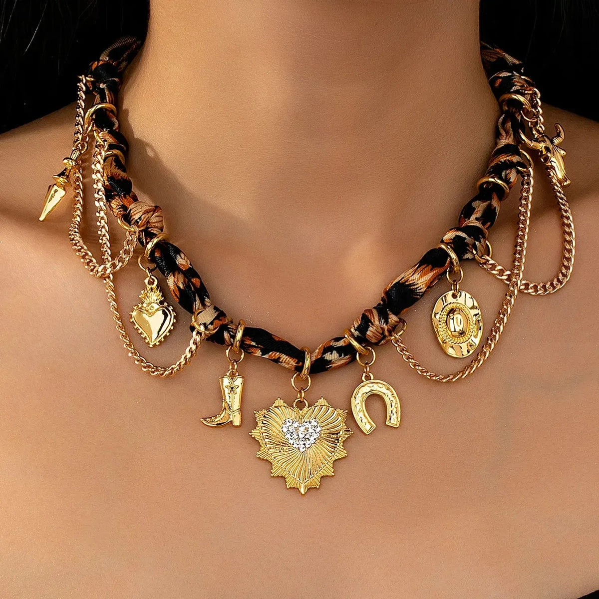 Linda's Look Leopard Satin Ribbon Heart Necklace - Adjustable Tie Choker