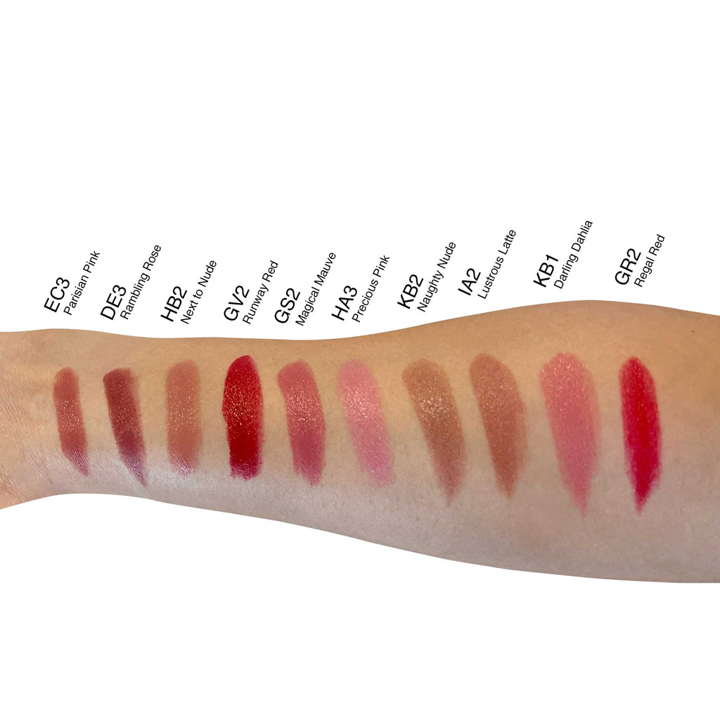 Linda's Look Luxury Cream Lipstick in Magical Mauve, swatches of the cream lipstick shade range on skin