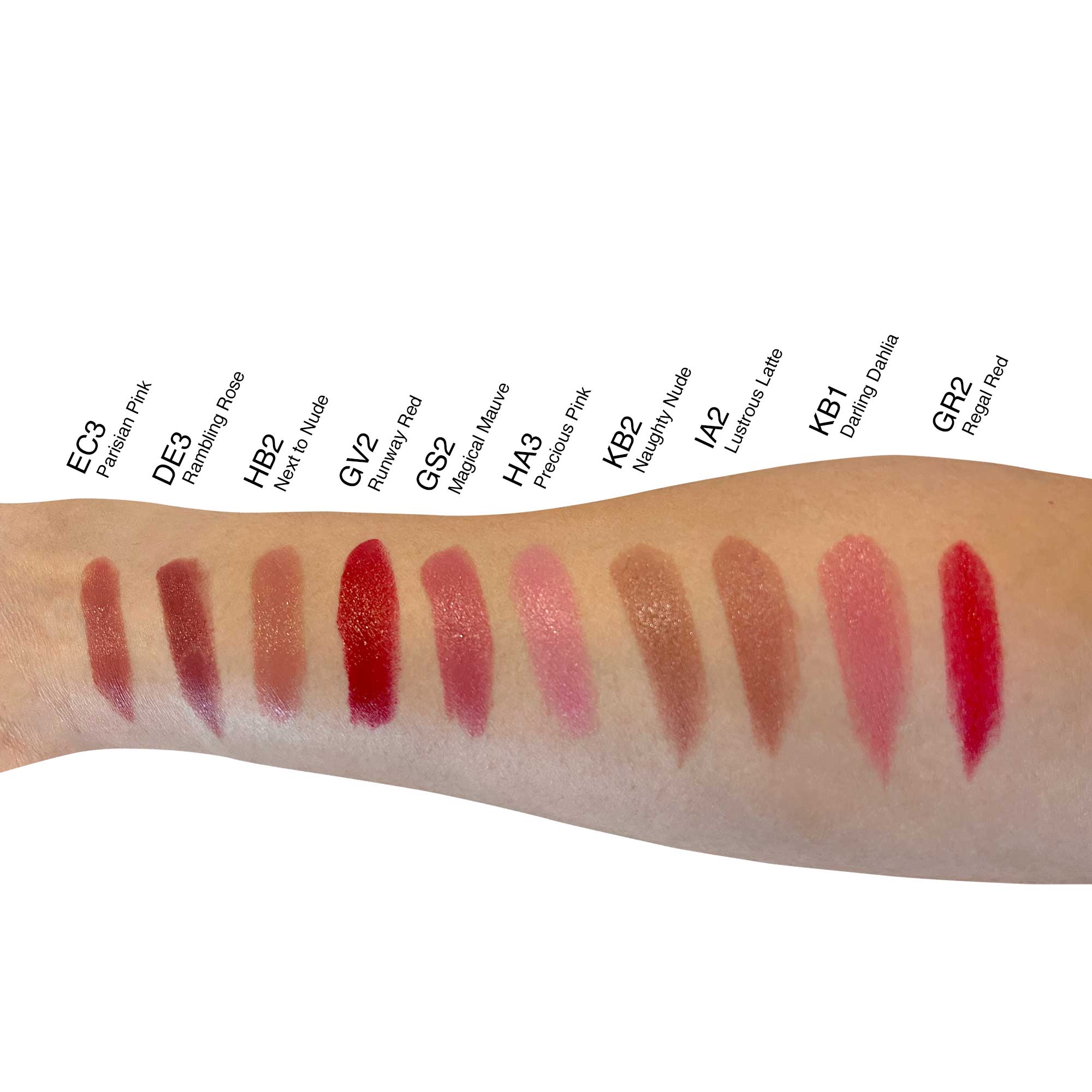 Linda's Look Luxury Cream Lipstick in Rambling Rose, swatches of the cream lipstick shade range on skin