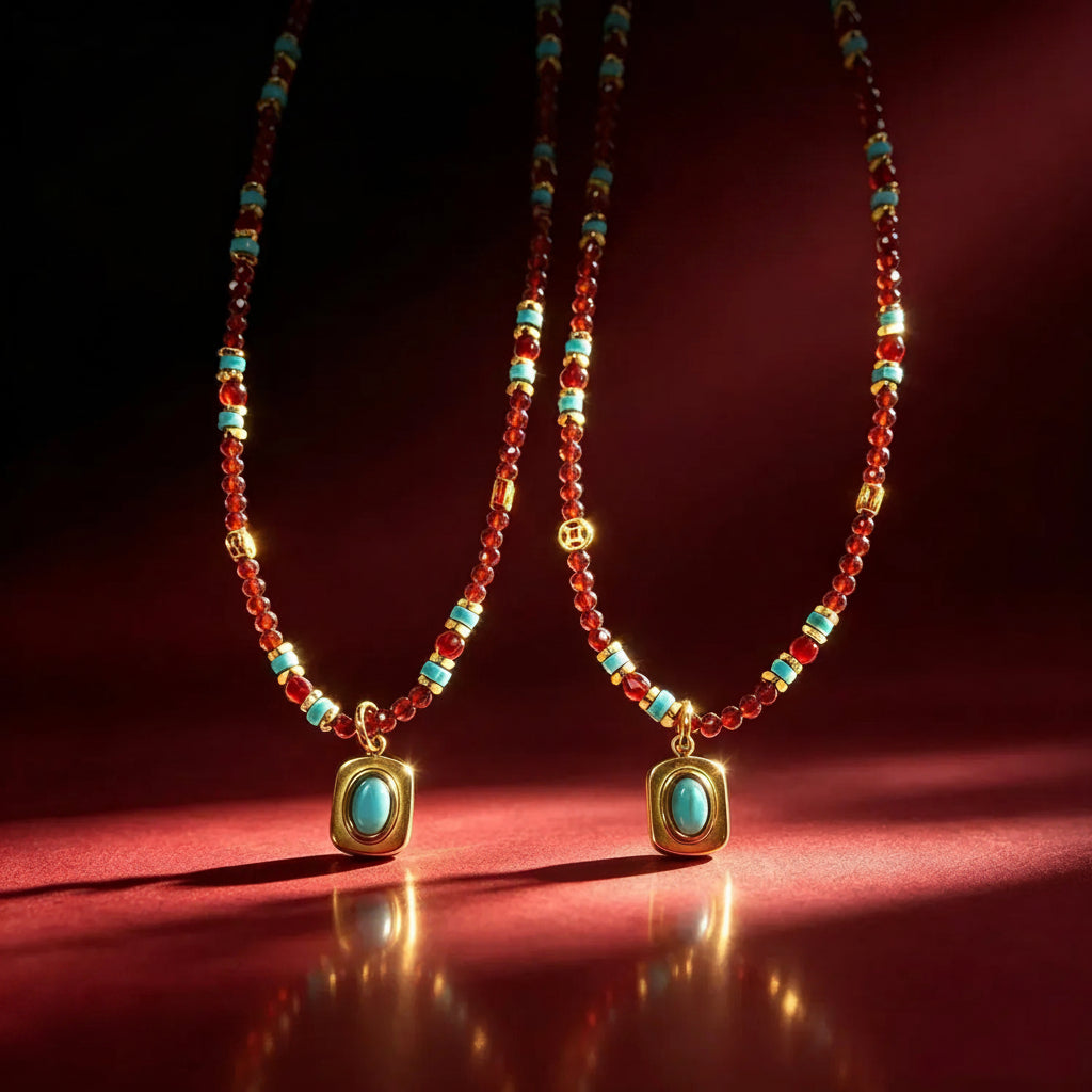 Linda's Look Modern Heritage Tablet Pendant Necklace - Red and Blue Faceted Bead Strand