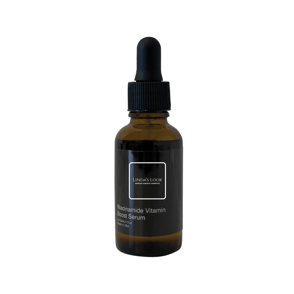 Linda's Look Niacinamide Vitamin Boost Serum, vitamin C and niacinamide brightening face serum bottle, front view on white background