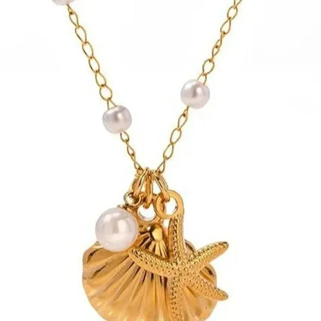 Linda's Look Ocean Pearl and Shell Charm Necklace in Stainless Steel