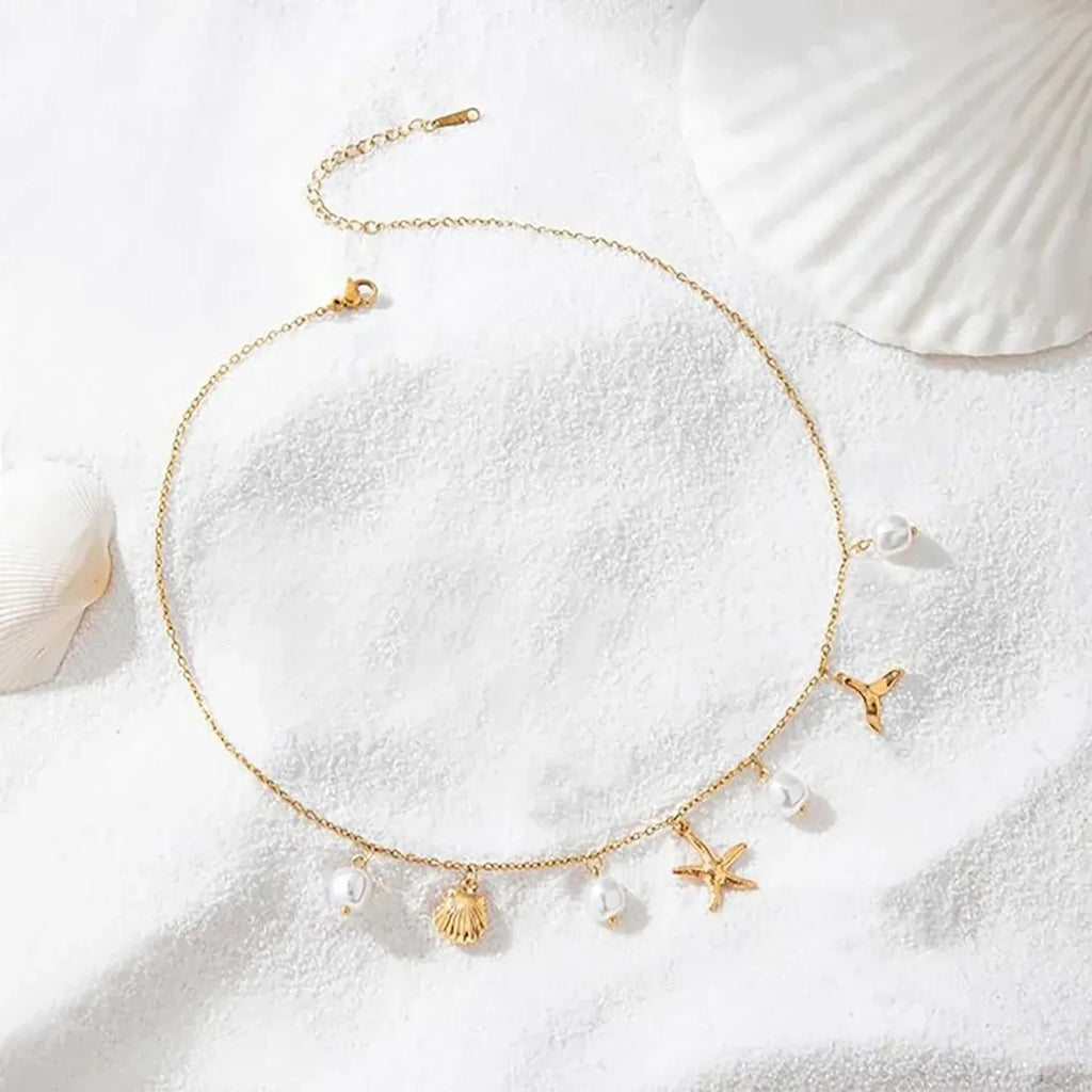 Linda's Look Ocean Pearl and Shell Charm Necklace in Stainless Steel