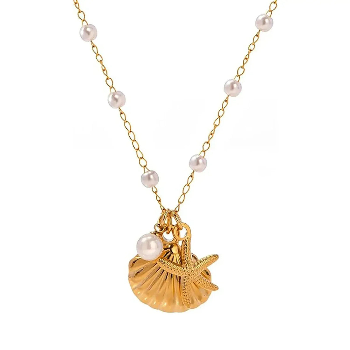 Linda's Look Ocean Pearl and Shell Charm Necklace in Stainless Steel